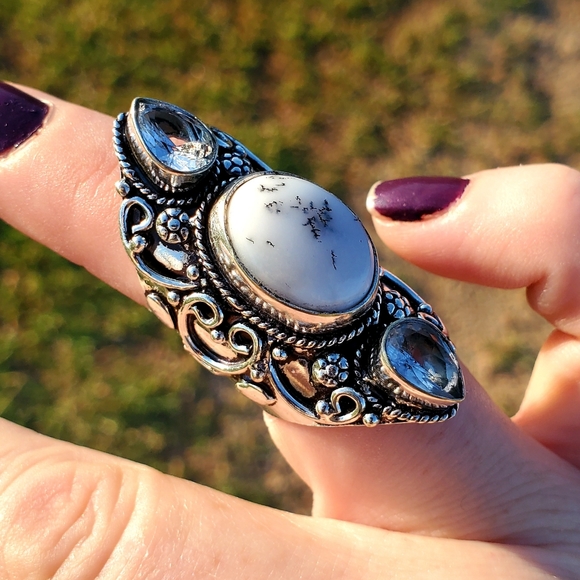 New Dendritic Opal & White Topaz 925 Silver Statement Ring. - Picture 3 of 14
